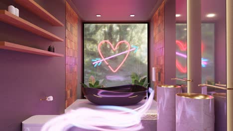 moody toilet interior with a arrow through heart light window - 3d render