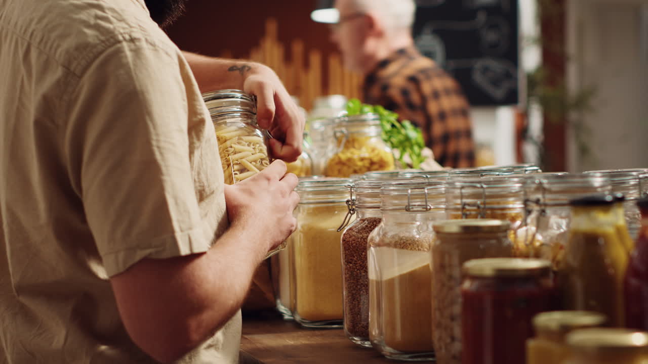 유기농 가게 에서 종이 봉투 를 사용하는 사람