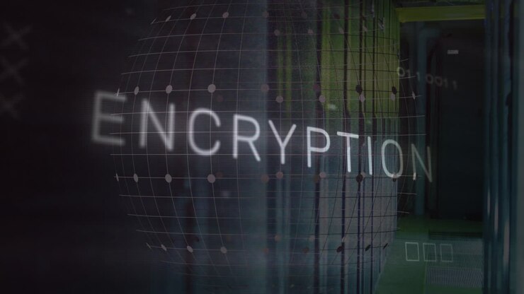 Animation of encryption text, spinning globe and microprocessor connections against server room