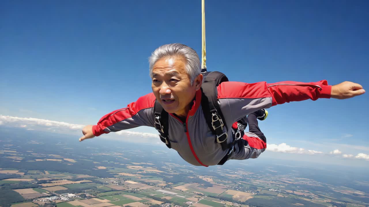 A man skydiving over fields