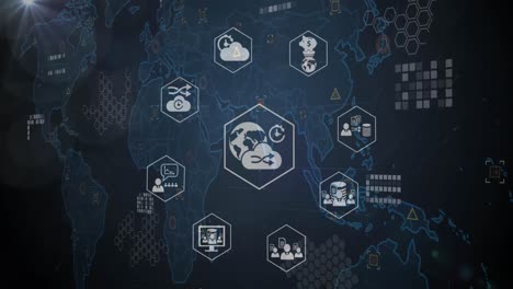 animación del icono en hexágonos sobre el mapa contra un fondo abstracto