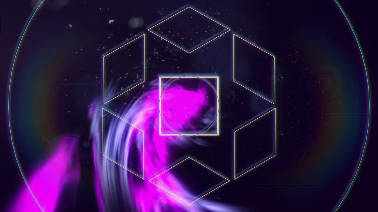 Neon geometric structure being animated in flat design, showcasing swirling purple pink nebula