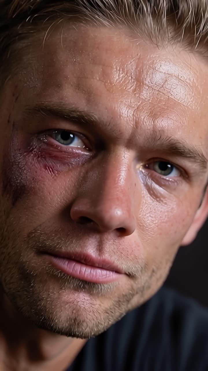 Man shows bruised eye, sweat, and grim expression. He stares forward with weary eyes. He appears exhausted from physical conflict. Suitable for drama, action, or intense sports scenes