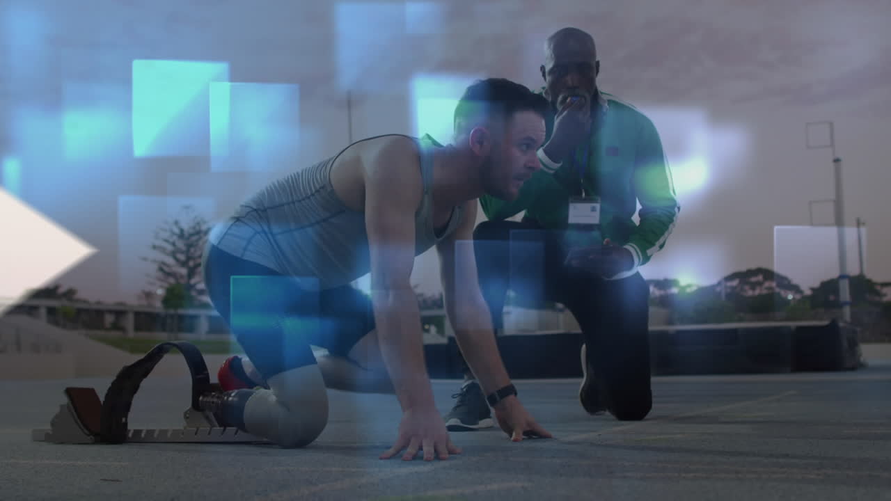 러닝 블레이드와 그의 아프리카계 미국인 트레이너를 가진 백인 남성 위로 이동하는 화살표의 애니메이션