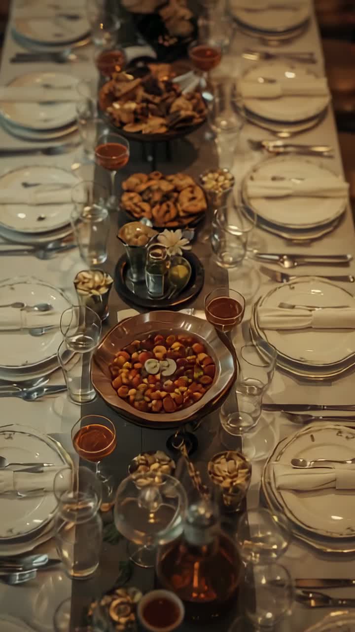 Vertical video: Panning camera shifting focus along dining table center, showing decanter