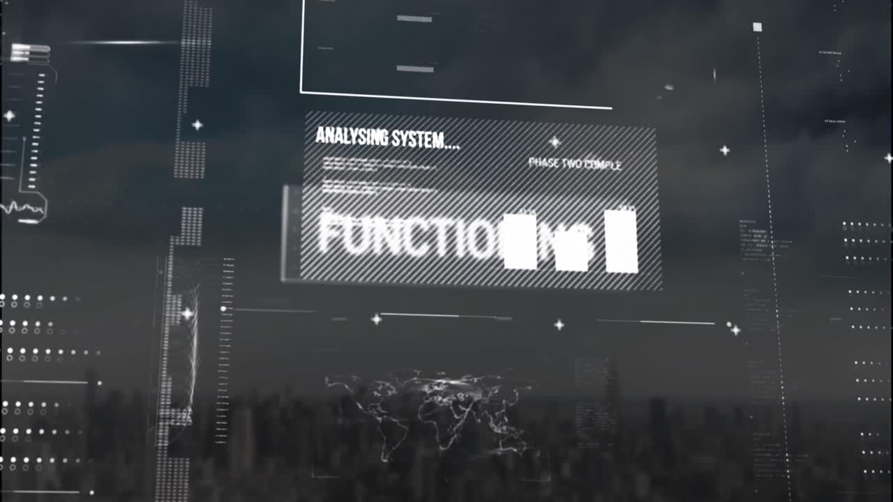 animación de la interfaz con el mapa del mundo y procesamiento de datos contra la vista aérea del paisaje urbano