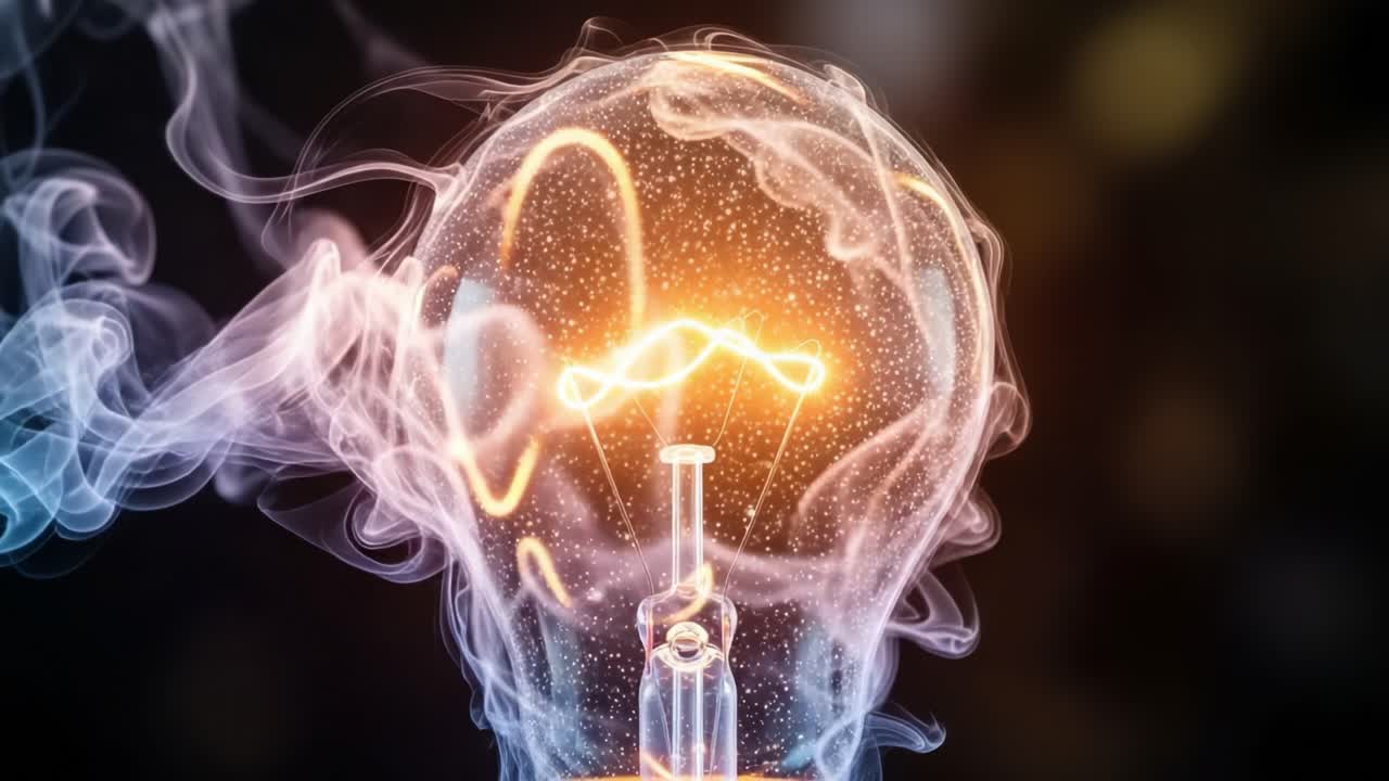 Trasformazione illuminante: l'evoluzione di una lampadina incandescente circondata da fumo etereo in un affascinante viaggio visivo di luminescenza
