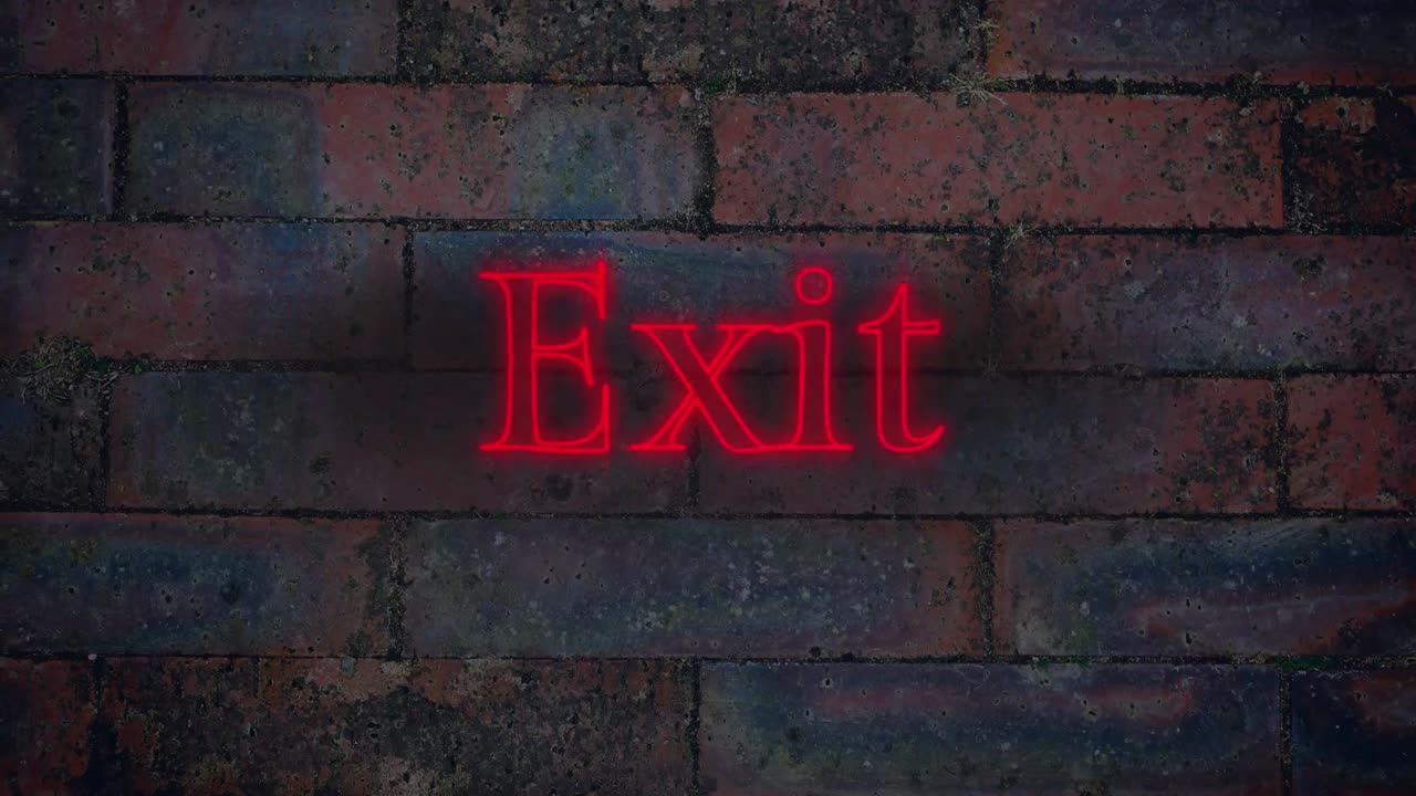 Exit neon sign on brick wall background