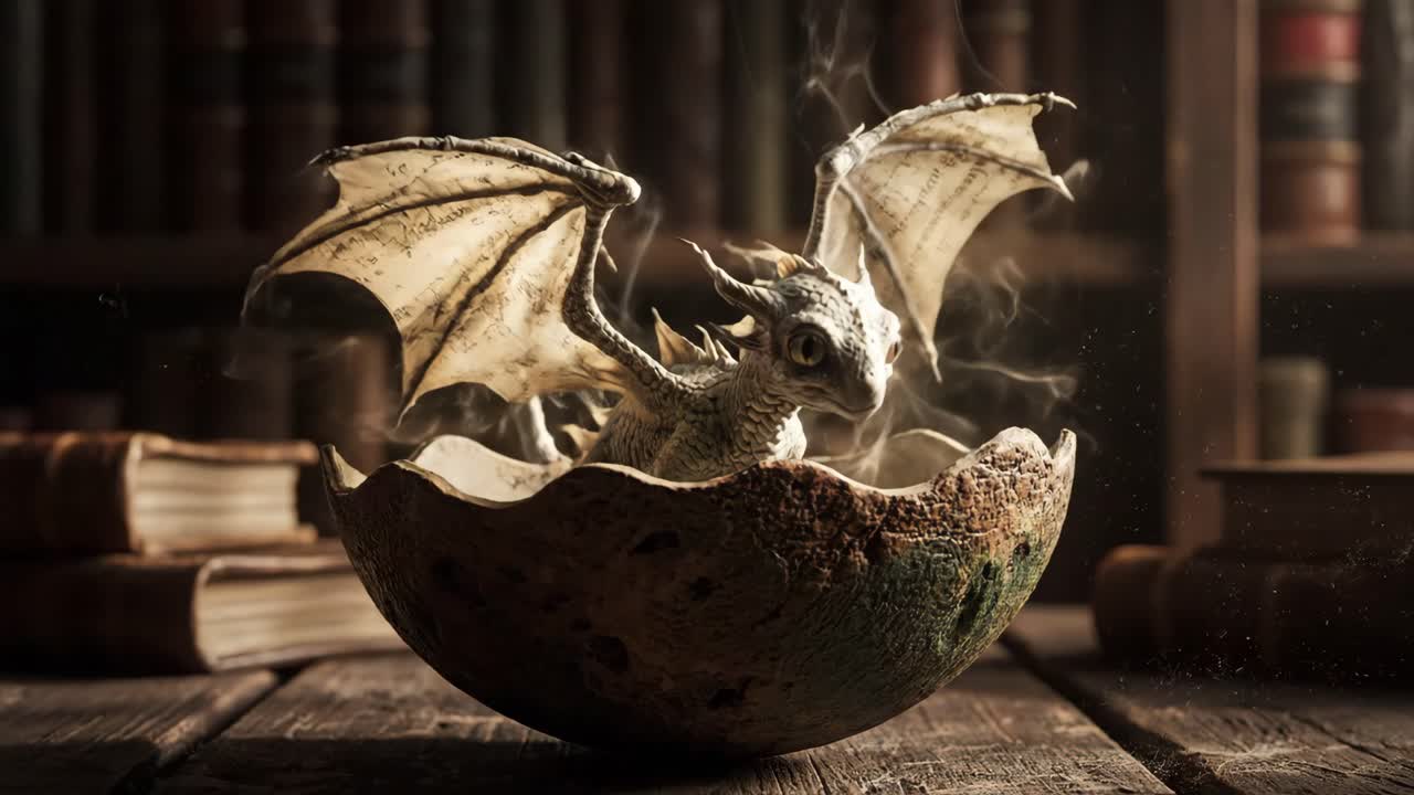 Dragon Hatching from Egg in Library Setting