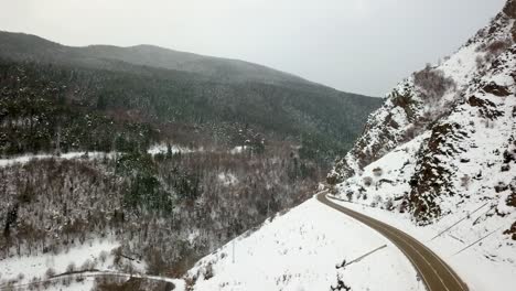mountain road of aran valley. aerial images of the snowy mountains and the highway, the port of la bonaigua. recorded with a mavic pro.