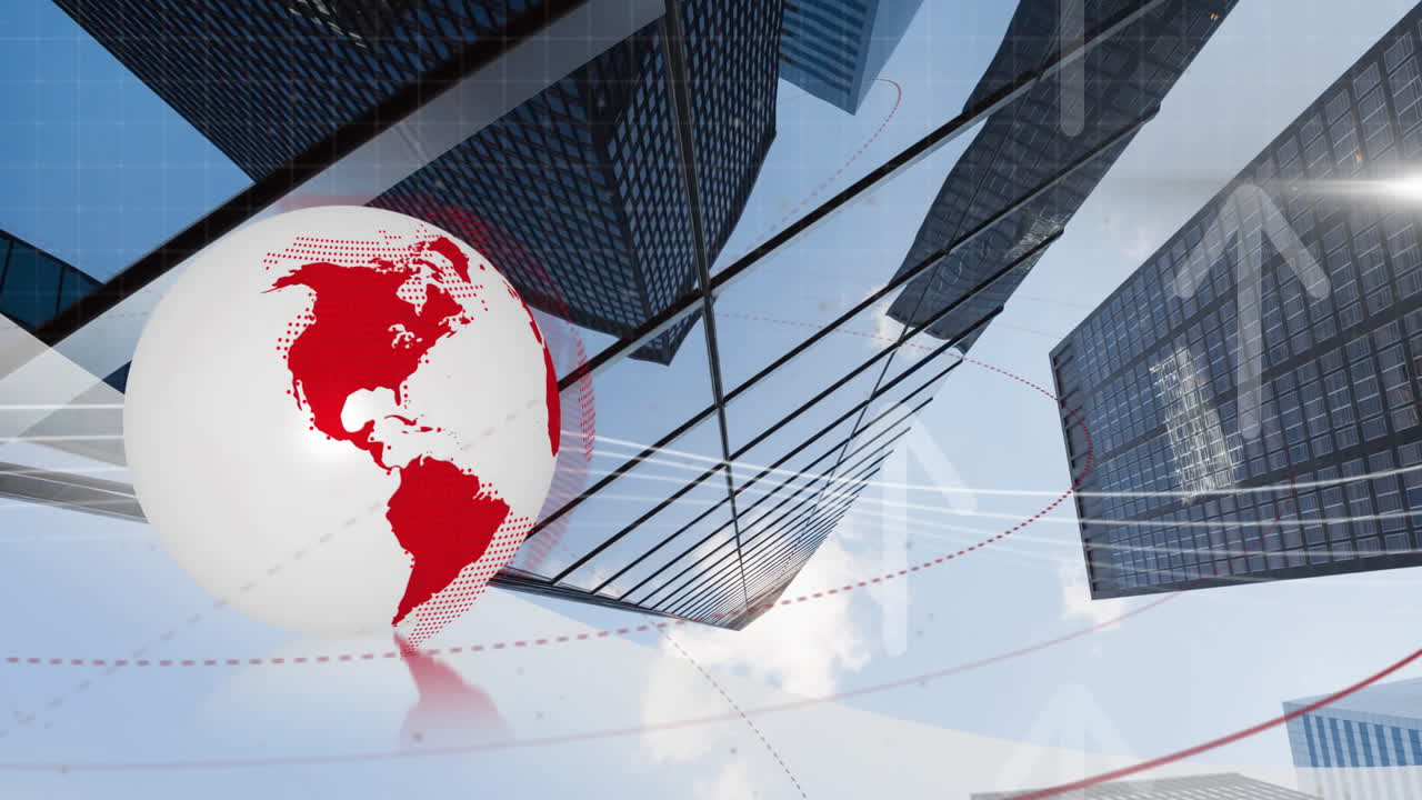 Global data network animation over skyscrapers and blue sky