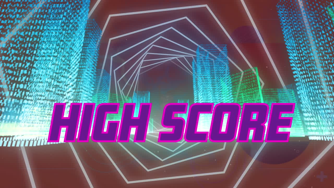 animación de texto de alta puntuación sobre túnel hexagonal contra edificios 3d iluminados.