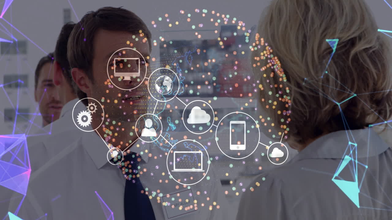 Discussing business, professionals using digital network animation overlay in office