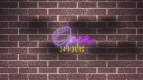 Neon-open-24-hours-text-against-brick-wall-in-background