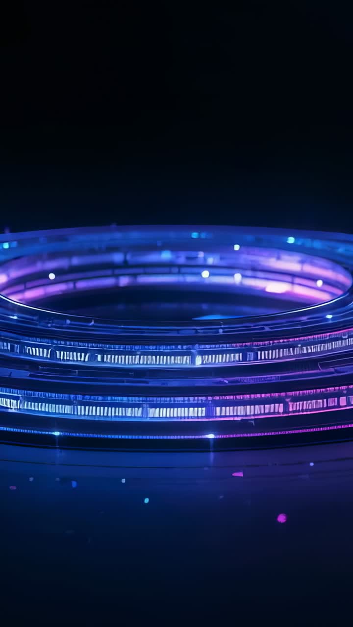 Video verticale: LED ad anello che iniziano a pulsare su un set scuro, passando dal viola al ciano e rivelando scintille