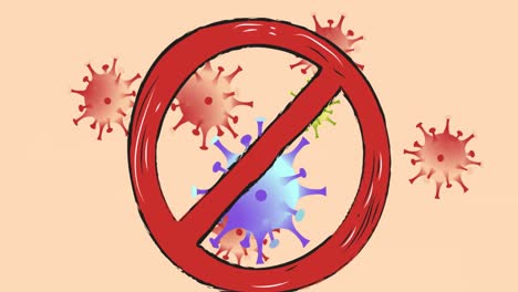 animation of no entry sign over covid 19 cells against yellow background