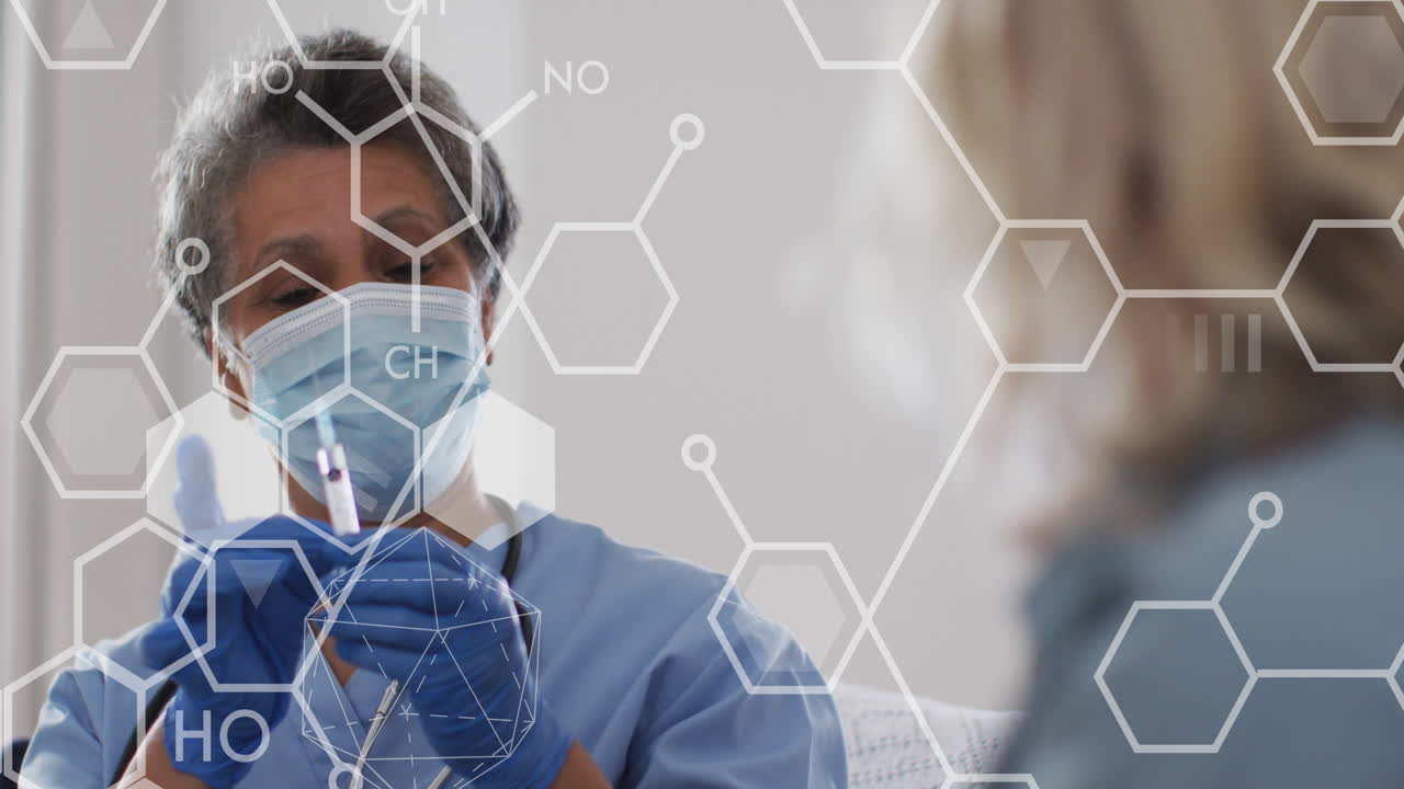 아프리카계 미국인 여성 의사가 환자를 예방접종하는 의학 아이콘의 애니메이션