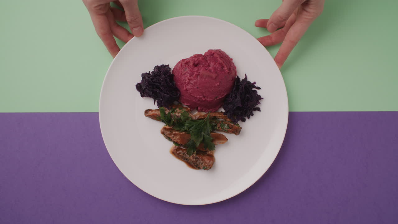 Aromatic Dish of Mashed Potatoes, Red Cabbage, and Meat