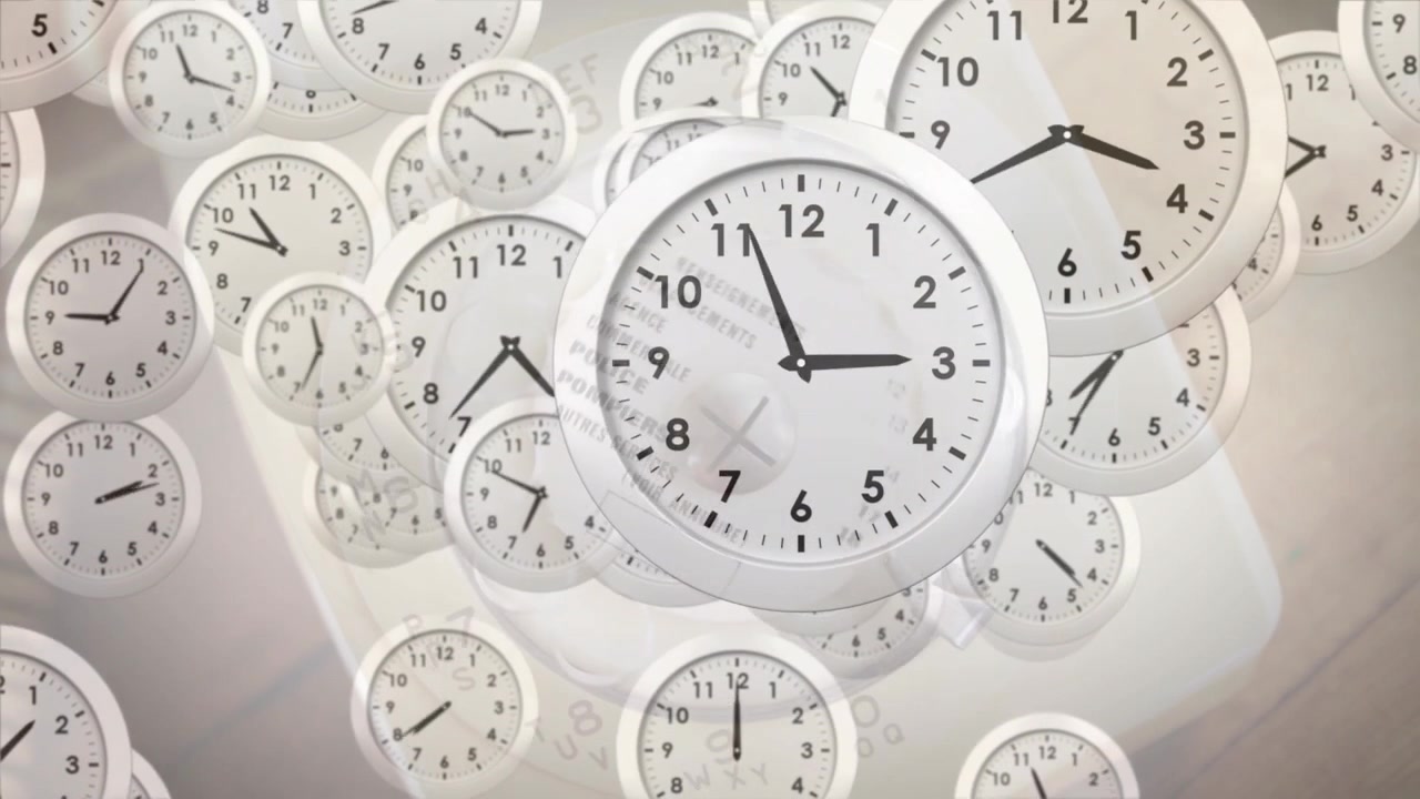 Animation of clocks floating over clock mechanism