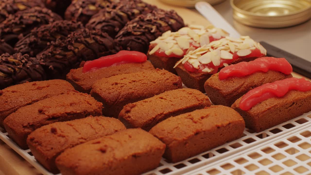 Artezan bread with red strawberry jam on top, fresh bake double chocolate banana artesian bread in bakery shop close-up. Artisan bread is making by skill bakers using natural and high-quality ingredients. Food with health and flavour benefits. Sweet breads for dessert and breakfast
