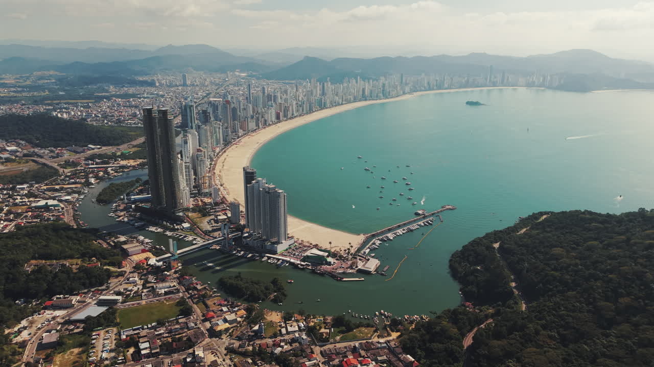 Panoramic view of Balneario Camboriu skyline and crescent beach, Brazil