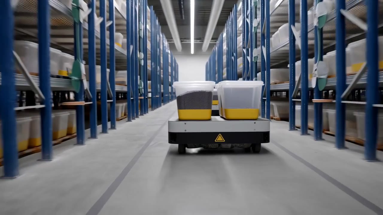 Low near floor view shows autonomous mobile robots moving clear plastic totes with yellow bases through wide concrete aisle between tall blue white steel shelving in organized fulfillment center
