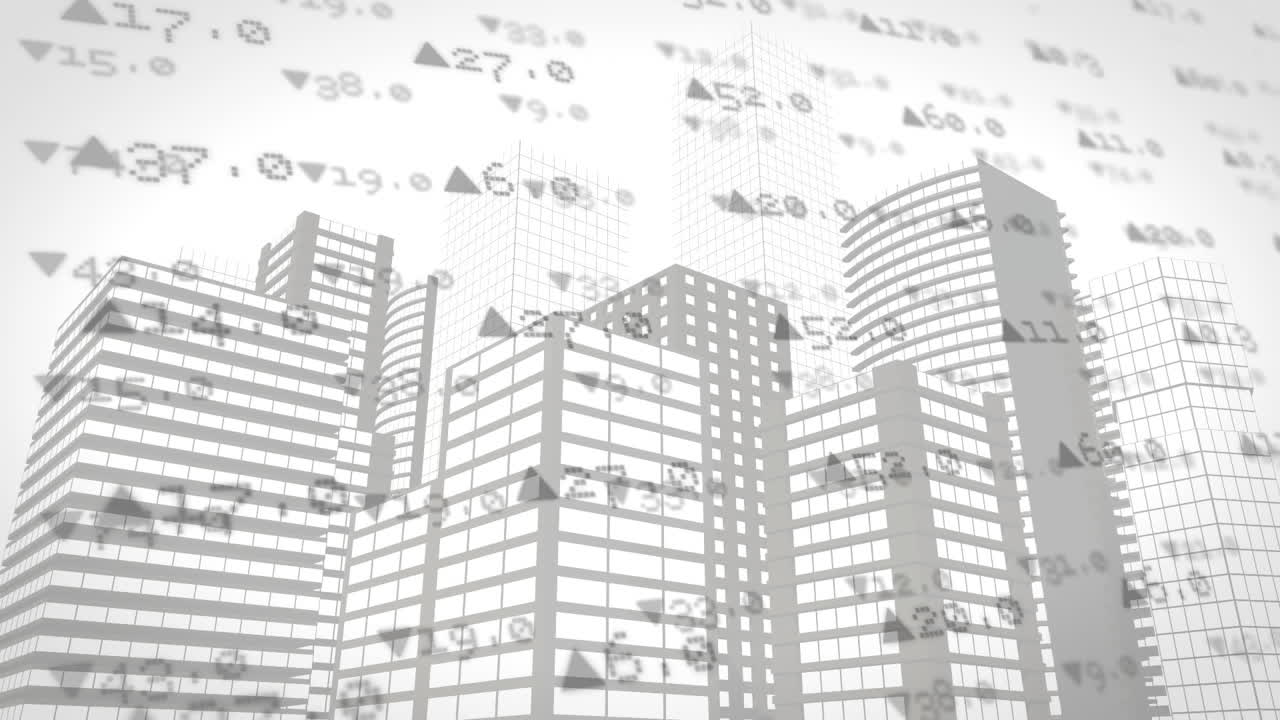都市風景上の金融データ処理のアニメーション