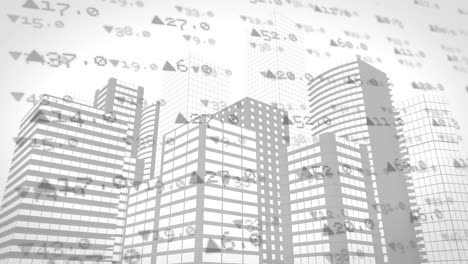 animation of financial data processing over cityscape
