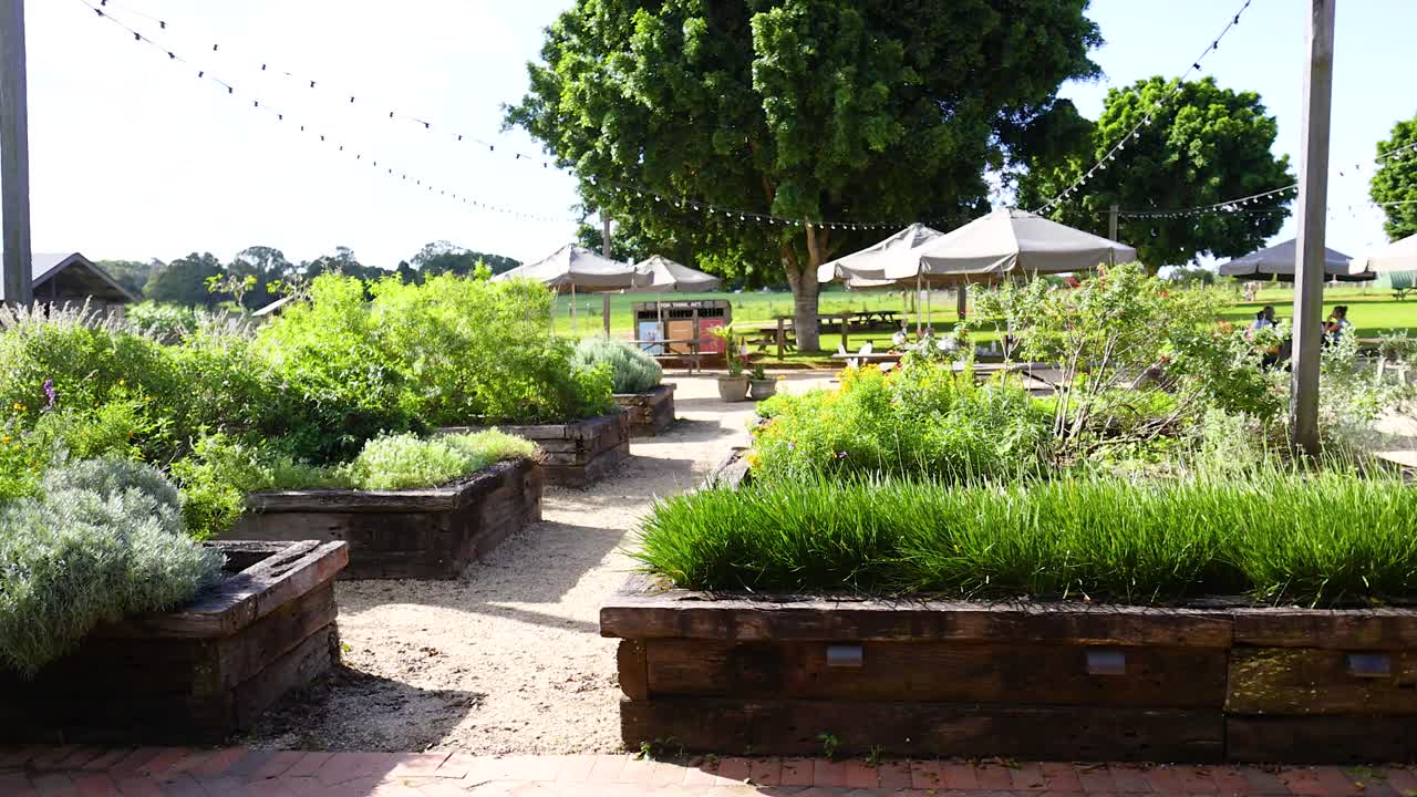A tranquil garden with lush greenery and outdoor seating under sunny skies in Byron Bay, Australia