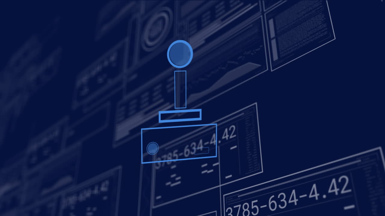 Joystick animation over digital data screens with graphs and numbers