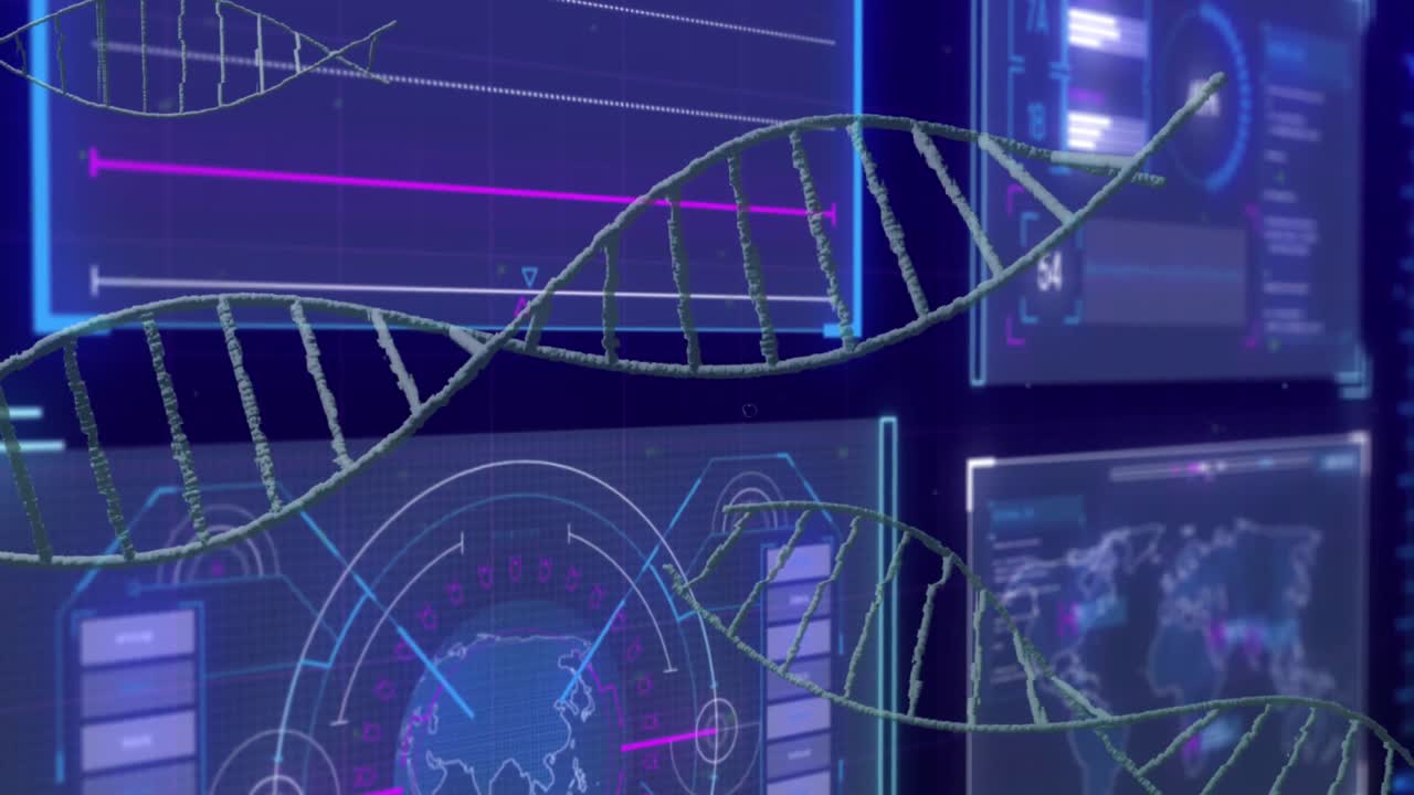Animation of dna strands over data processing on black background
