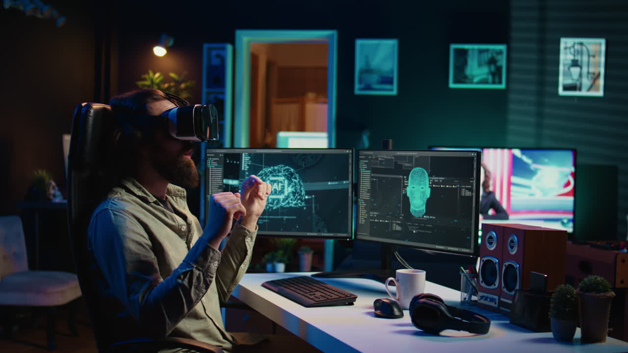 Programmer using VR headset to answer awaken AI asking existential questions