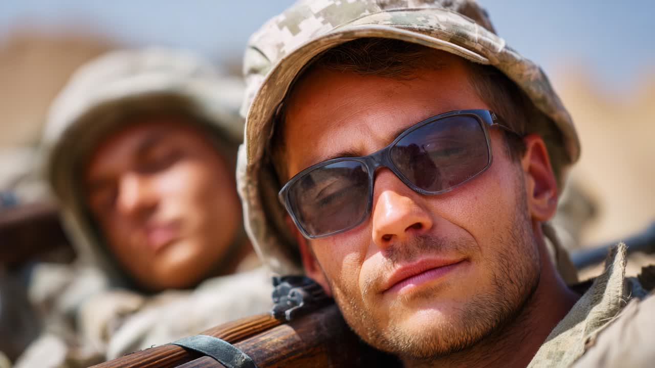 A close-up of a soldier in protective sunglasses, demonstrating focus and determination, while another soldier rests in the background, reflecting the teamwork and camaraderie inherent in military life