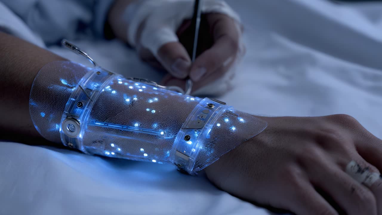Un dispositivo medico futuristico dotato di tecnologia bioluminescente applicata a un braccio umano, che illustra innovazioni nell'assistenza sanitaria e nei metodi di monitoraggio e trattamento dei pazienti
