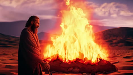 man standing beside large fire in desert landscape at dusk