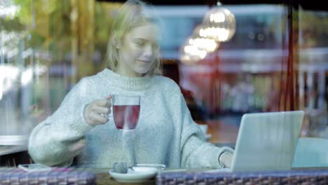 pretty woman using laptop behind window