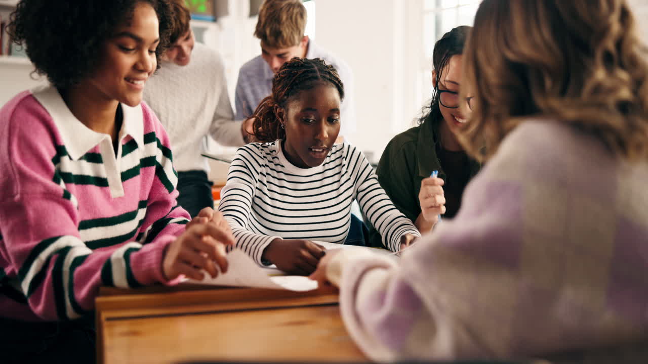 Diverse group of students collaborating on a project in a classroom