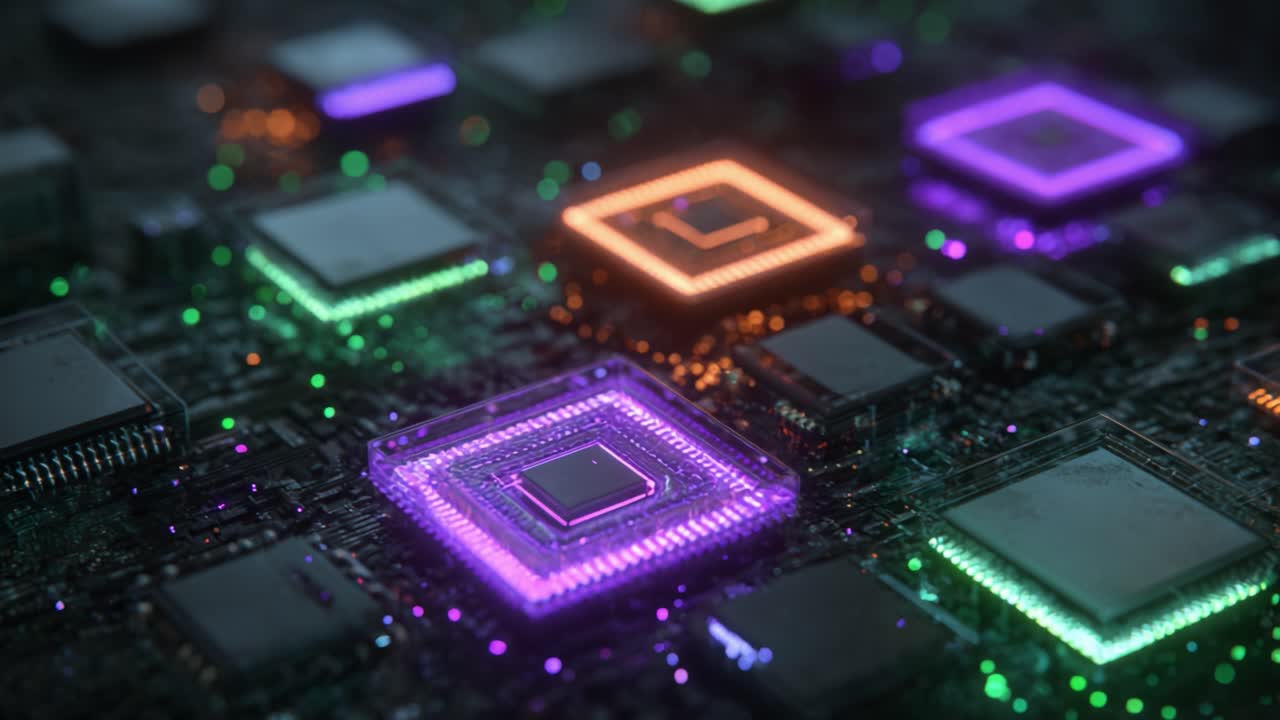 A mesmerizing close-up perspective of a vibrant circuit board featuring intricate microchips with glowing edges, highlighting the beauty of technology in an abstract and colorful arrangement that captivates the viewer's imagination