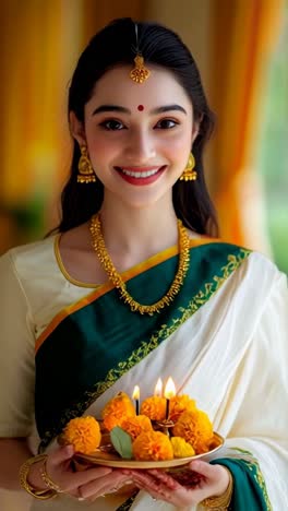 a woman wearing a green and white sari holding a tray with flowers, diwali tradition.