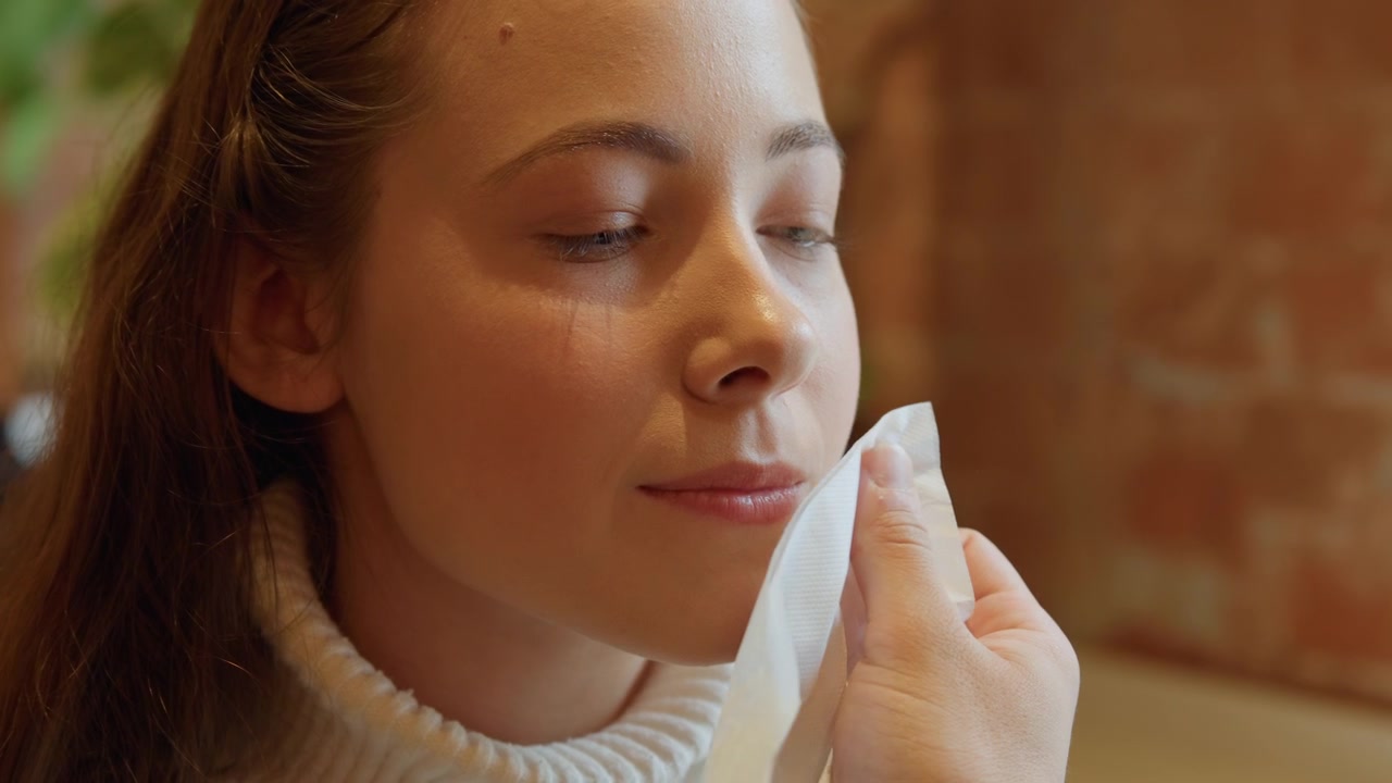 Primo piano di una giovane donna che indossa un maglione a collo alto bianco con illuminazione interna soffusa. Una mano che tiene un fazzoletto appare, suggerendo un'interazione con il soggetto. Lo sfondo presenta tonalità calde e sfocate