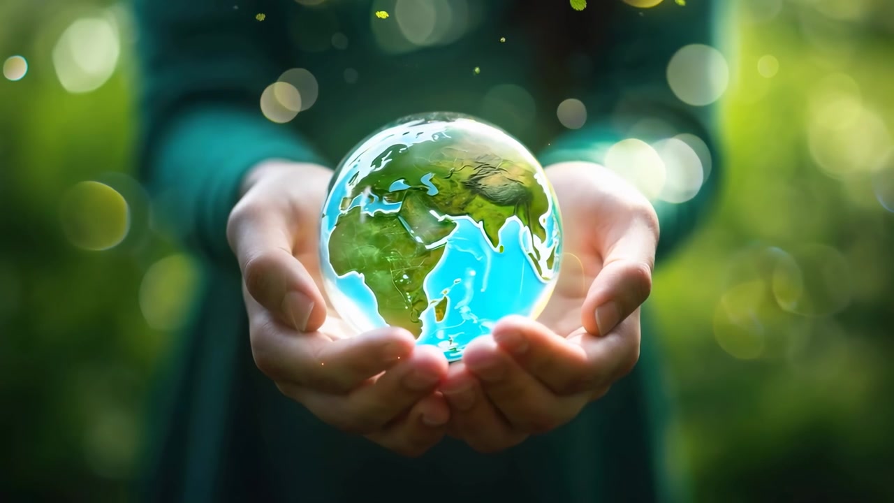 Manos Sosteniendo un Globo Terráqueo Giratorio Luminoso en la Naturaleza