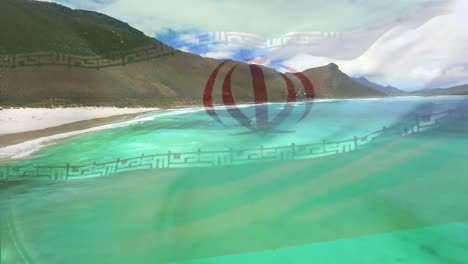 Animation-Der-Iranischen-Flagge,-Die-über-Der-Strandlandschaft-Weht