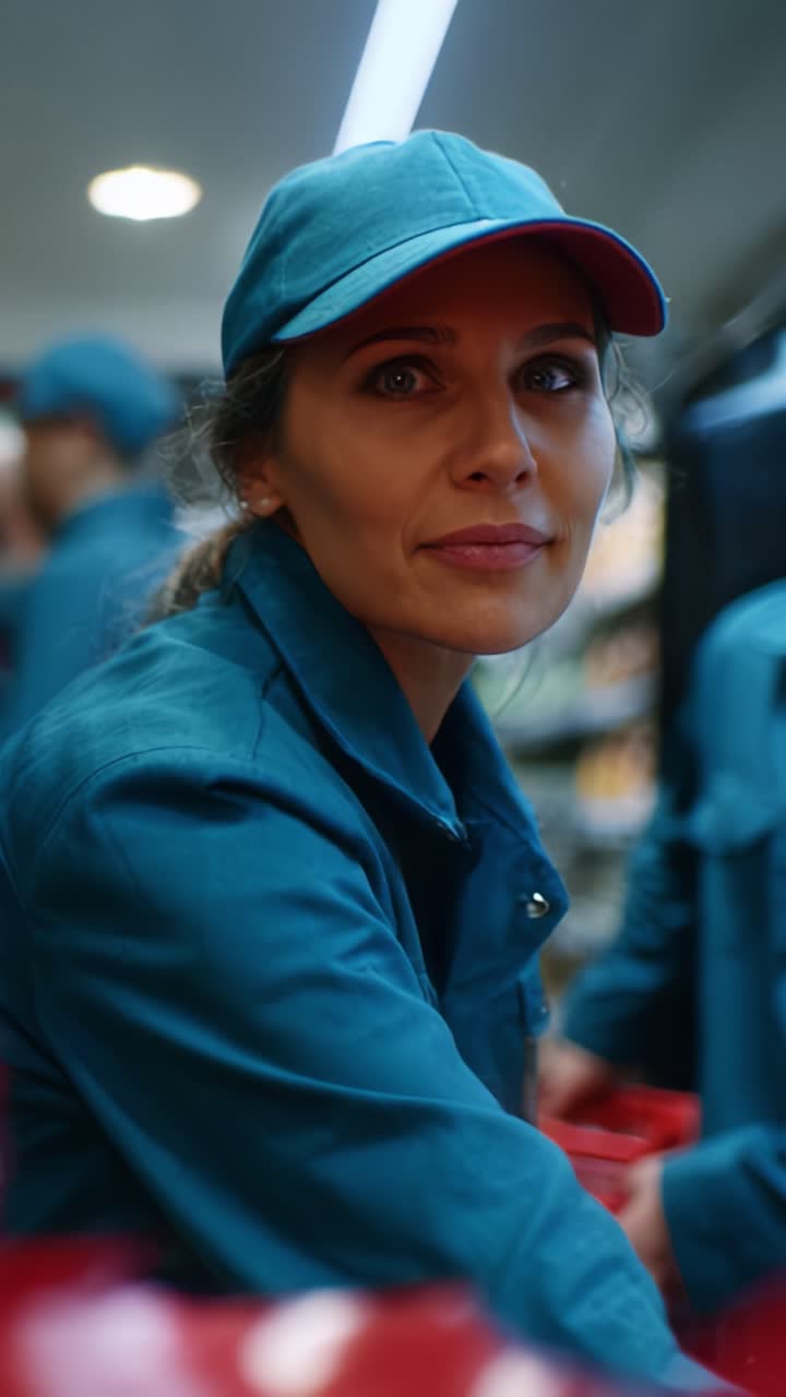 Um funcionário concentrado vestindo uniforme demonstra dedicação e profissionalismo ao interagir com clientes em um ambiente de loja iluminado