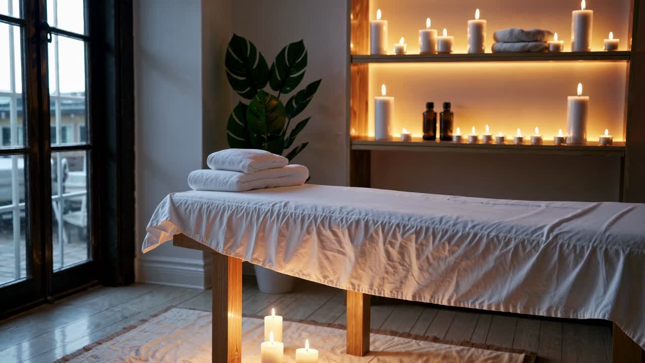 Cozy spa setting with candles and massage table, captured from a low angle