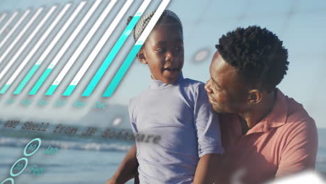 Animation-of-globe-and-computer-language-over-african-american-father-and-daughters-on-beach