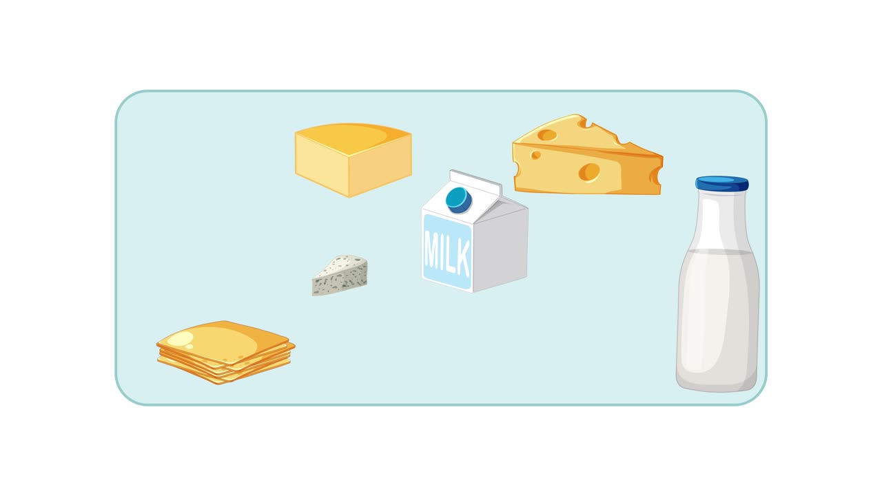 Various dairy foods smoothly assemble on a white background, with flat vector illustration style