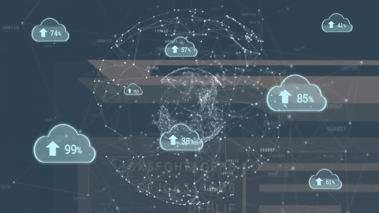 연결 네트워크와 데이터 처리의 전 세계에 걸쳐 여러 클라우드 업로드 아이콘의 애니메이션