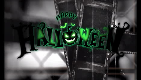 happy halloween text animation over black and white film strips background