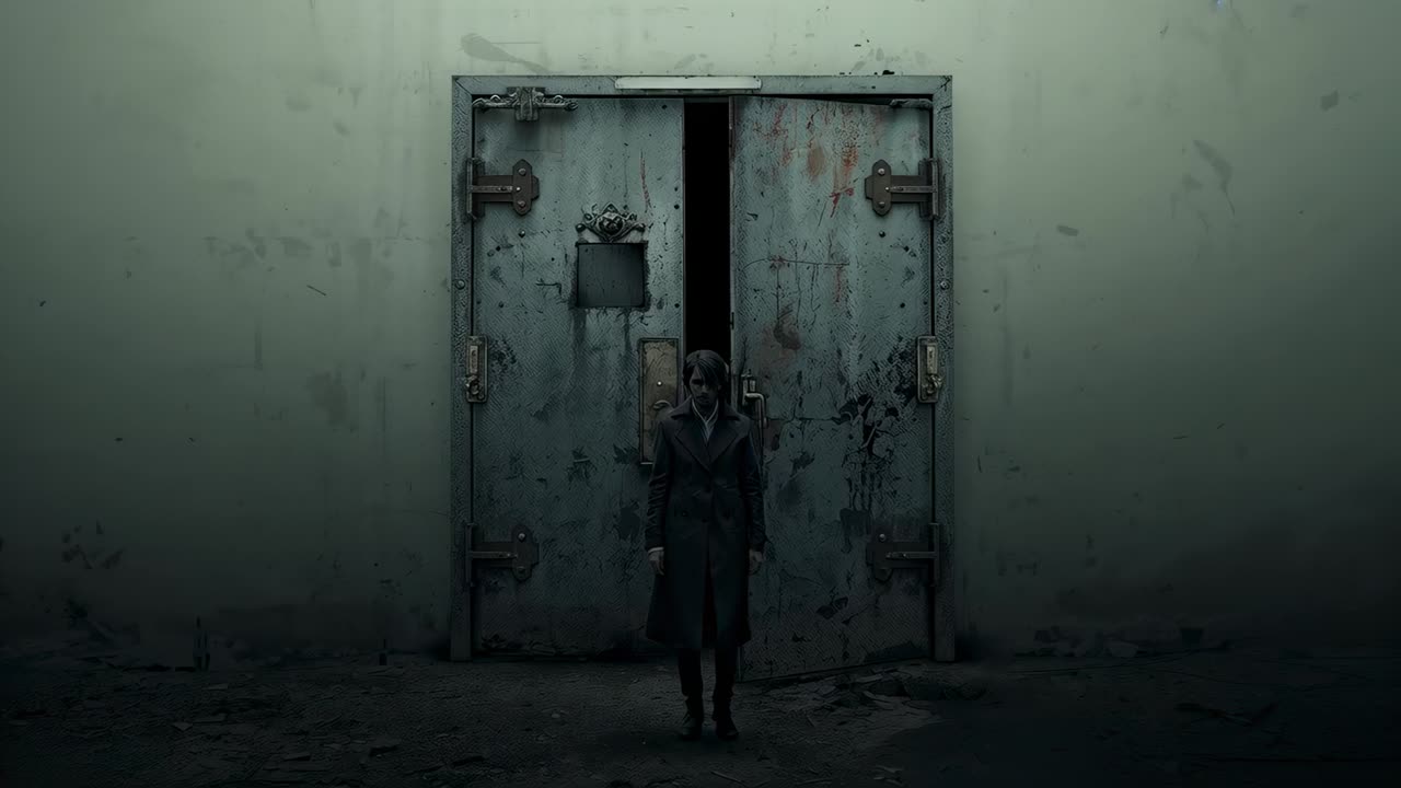 Emerging woman stepping from rusted door after gap revealing silhouette in concrete hall, in coat