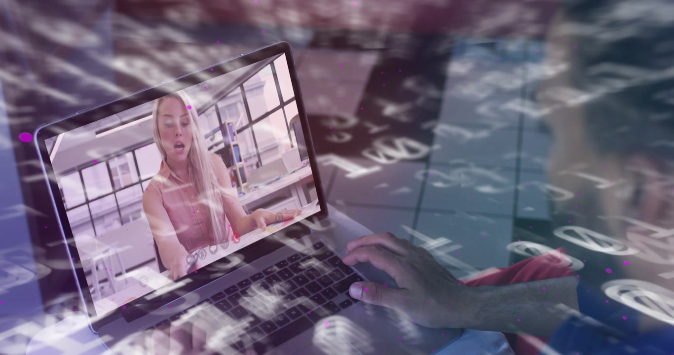 Man settling on sofa opening laptop for business meeting woman presenting code overlay intensifying